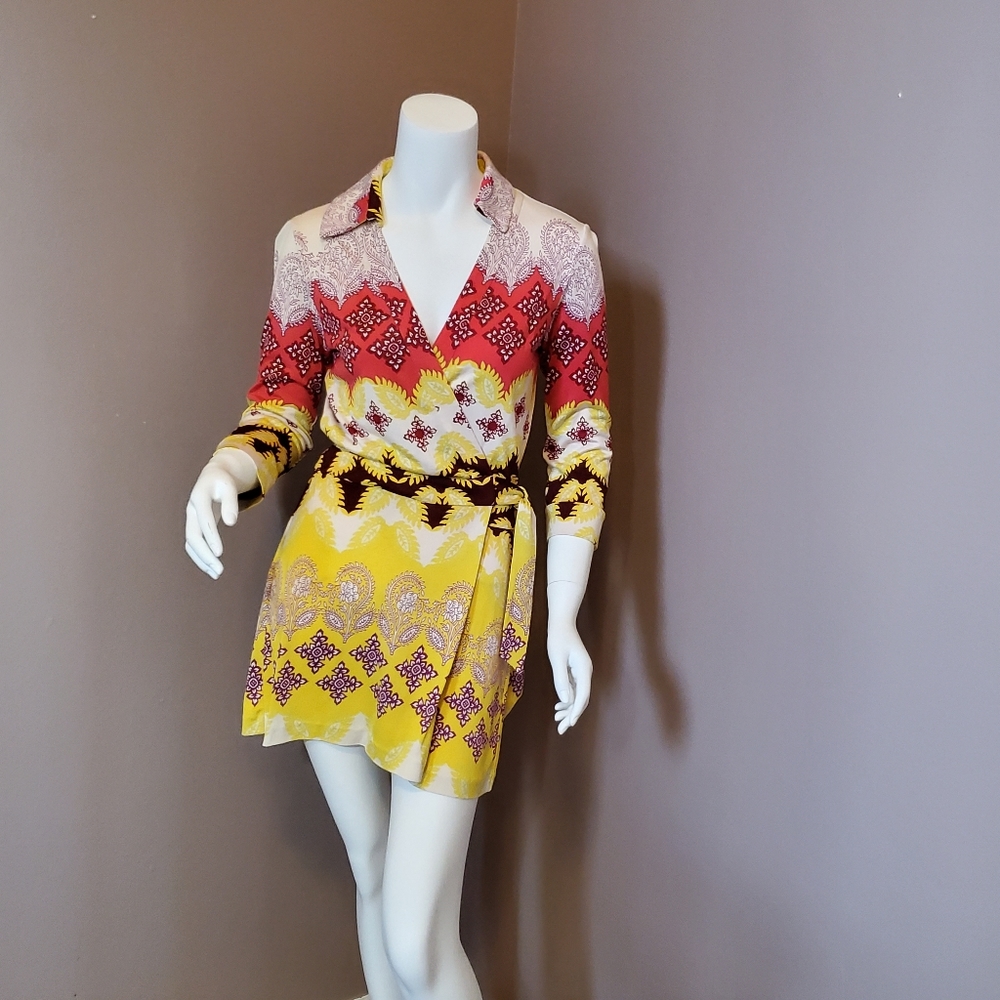 DIANE VON FURSTENBERG Celeste Indian Borders silk knit wrap bodice romper 6